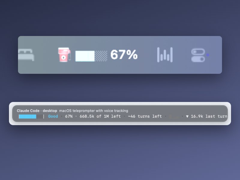 Token-Fuel in the menu bar at 67%, and its floating window: Good, 668.5k of 1M left, about 46 turns