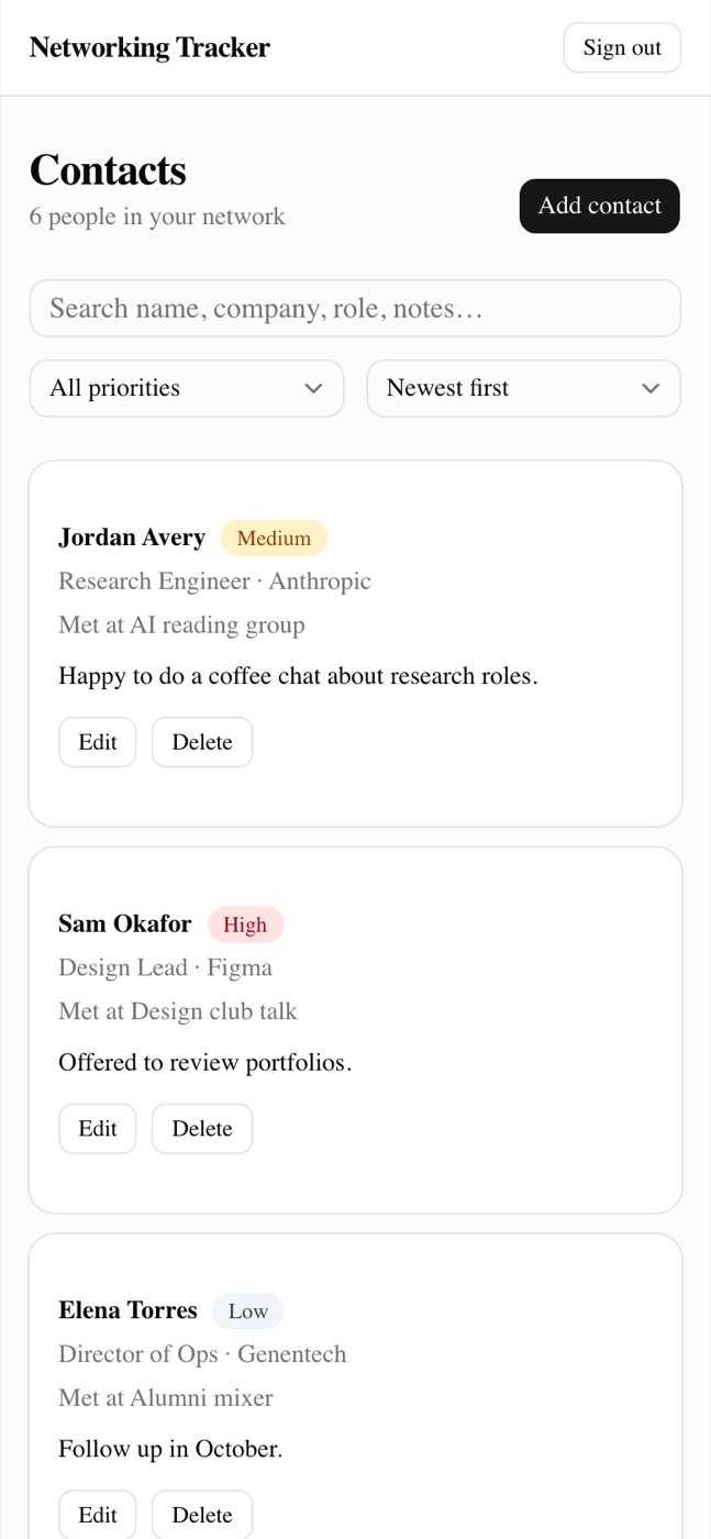 The contact list on a phone. Demo data.