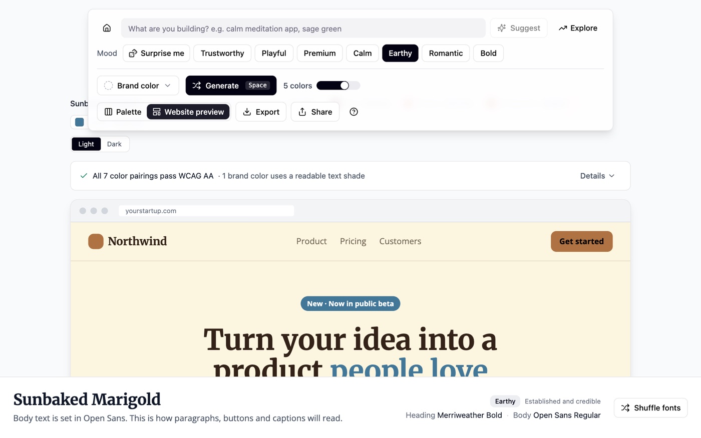 Website preview: the palette painted onto a sample startup homepage, with the contrast check above it.
